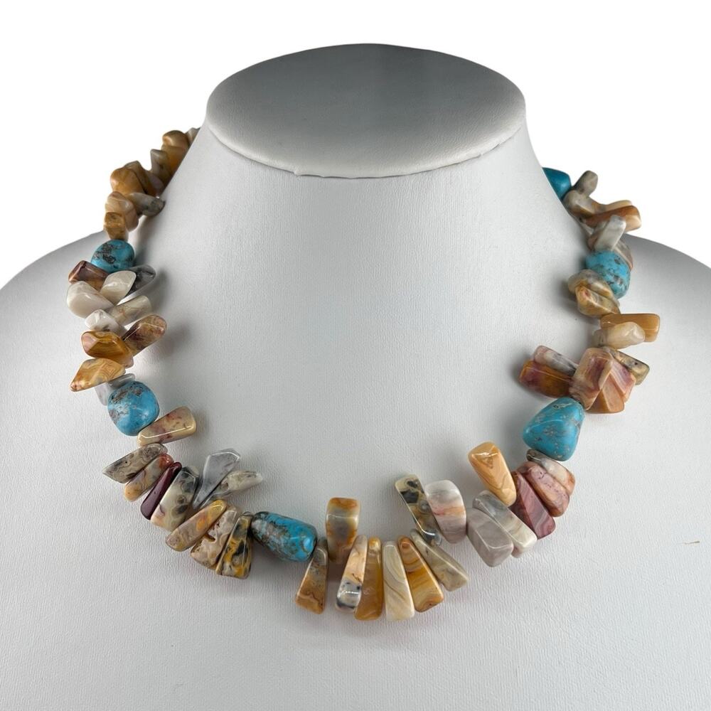 Agate Turquoise Statement Beaded Sterling Silver Clasp Necklace 18-19"